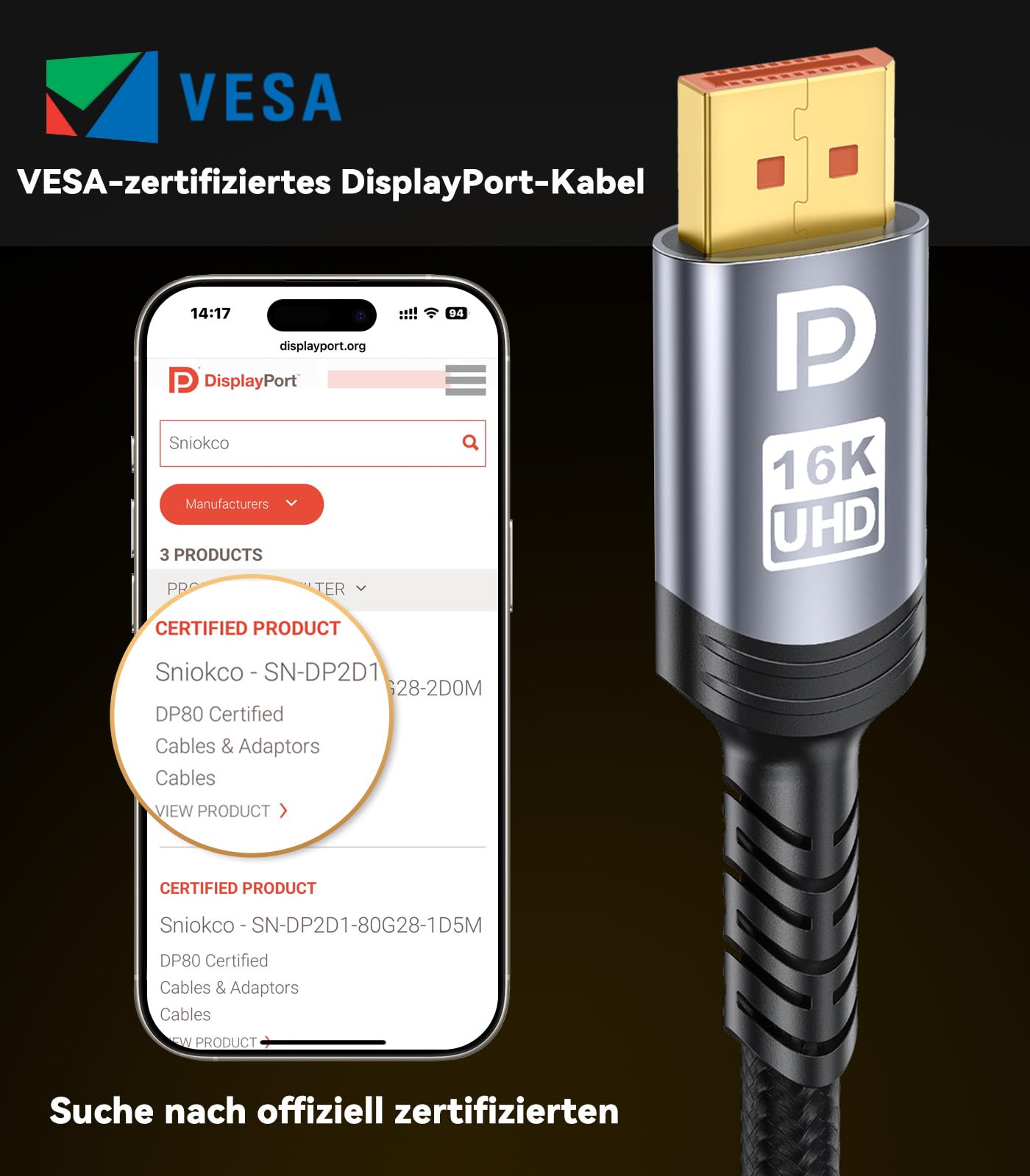 Sniokco 80Gbps DisplayPort Kabel 2.1 1.5M, VESA-Zertifiziert DP Kabel für 16K@60Hz 8K@240Hz 4K@540Hz 360Hz 240Hz Kompatibel mit HDR HDCP 2.3 DSC FreeSync G-Sync Grafikkarten RTX 5090 4090 PC 2