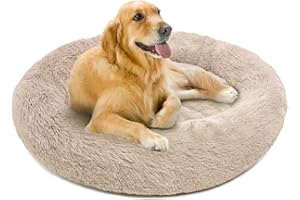 Friends Forever Donut Dog Bed Faux Fur Fluffy Calming Sofa For Large Dogs, Soft & Plush Anti Anxiety Pet Couch For Dogs, Machine Washable Coco Pet Bed with Non-Slip Bottom, 36"x36"x8" Tan