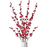 Ammyoo Artificial Faux Plants Flowers Indoor Spring Summer Decor, 4 Bundles Fake Silk Plum Blossom,Faux Silk Cherry Blossom Branches for Wedding Office Party Hotel Home Decor, Vase Not Included(Red).