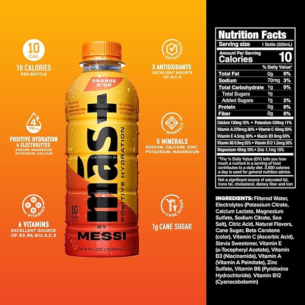 MÁS+ BY MESSI 16.9OZ ORANGE D’OR, SPORTS DRINK & HYDRATION BEVERAGE, NATURAL FLAVORS WITH VITAMINS AND ELECTROLYTES, NO ARTIFICIAL SWEETENERS OR COLORS, 12-PACK