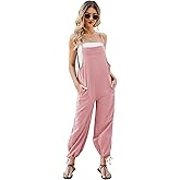 Flygo Women's Fashion Cotton Linen Overalls Loose Fit Sleeveless Straps Wide Leg Baggy Jumpsuit Rompers