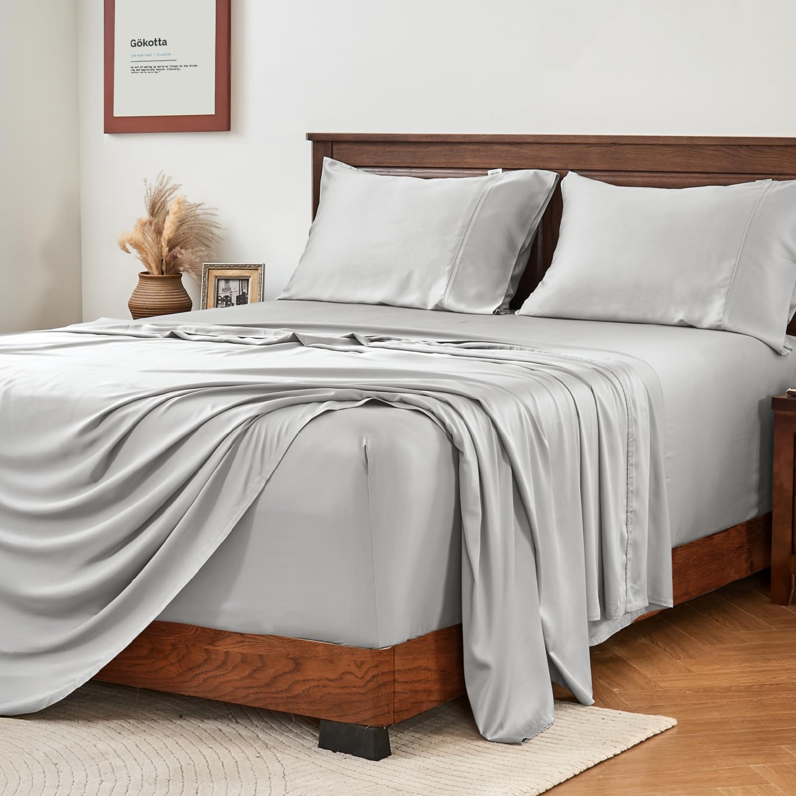 Photo 1 of GOKOTTA 4-Pcs Queen Sheet Set, 18"-24" Extra Deep Queen Sheets with Elastic Corner Straps - 100% Rayon Derived from Bamboo - 300 High Thread Count Ultra Soft Hotel Luxury Sateen Weave, Grey