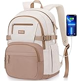 WINDARS Backpack for School Girls, Cute High School Backpacks for Teens Women Student Large Bookbag 15.6 Inch Laptop Bag with USB Charger Port for College Work Travel Trip (Khaki Beige)