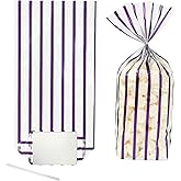 EKAPACKAGING 25 Pcs 3.21x2.42x12 Inch Purple Foil Stripe Cellophane Bags, Christmas Flat Bottom Treat Bags with Ties, Heat Sealable Clear Cello Bags for Cookies, Candy, Pastries, Goodies