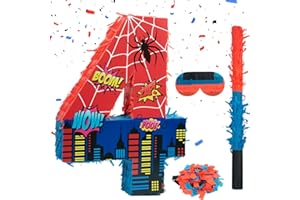 CIXICM Number 4 Spider Pinata Bundle with 16 Inch Piñata Stick Blindfold Confetti for Hero Birthday Party Decoration Anniversary Celebration Gift Spider Party Favors for Kids, 16 x 11.6 x 2.4 Inch