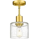LMS Modern 1-Light Semi Flush Mount Ceiling Light, Brushed Gold Close to Ceiling Light with Seeded Glass Shade, Farmhouse Lig