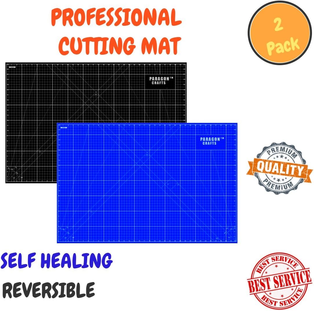 Professional Double Sided Self Healing Cutting Board – Perfect For Scrapbooking, Sewing, Quilting, Crafts & DIY Projects, With Grids & Angles For Enhanced Precision - 2 Pack(Blue A1 & Black A5)