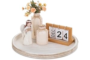 Hanobe Large Round Decorative Tray: 45cm White Coffee Table Beaded Tray Circle Rustic Big Wood Trays Decor Farmhouse Ottoman Vintage Centerpiece Serving Home for Counter