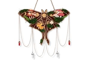 Xylolfsty Luna Moth Wall Hanging Bohemian Butterfly Wall Decor Rustic Mushroom Crystal Moss Wooden Sign Death Moth Wall Art Gothic Witchy Living Room Bedroom Wall Window Decoration