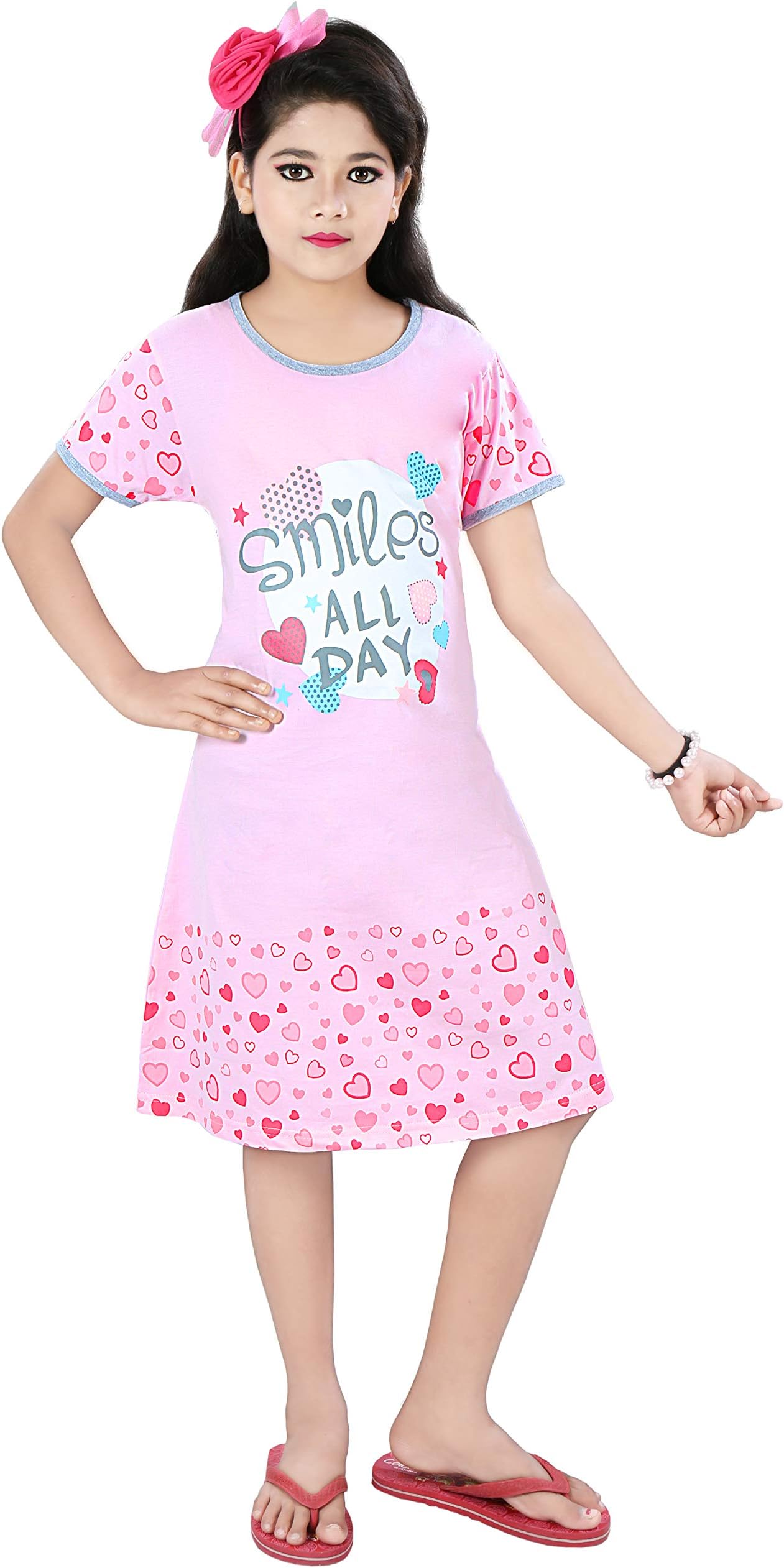 Todd N Teen Girls' Nighty, Sleep-Wear of Pure Cotton in Round Neck and Half Sleeve