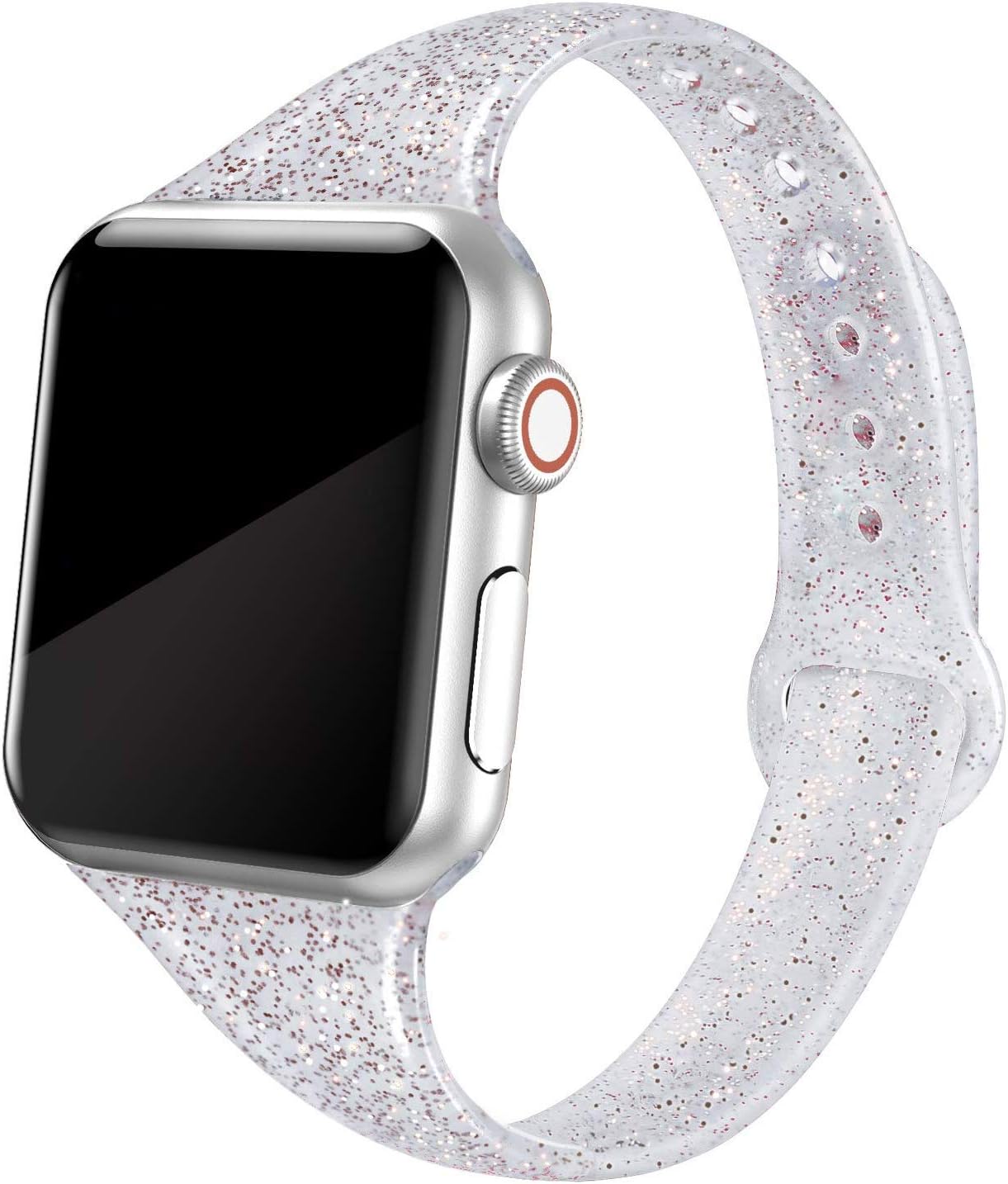 PARMPH Silicone Strap Compatible With Apple Watch Strap 38mm 40mm，Shiny Glitter Soft Slim Narrow Small Thin Replacement For Iwatch Strap Band Series 5/4/3/2/1 Sport Edition Women, Glistening Black