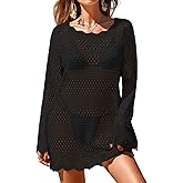 BreathSunny Womens Crochet Knit Swimsuit Coverup Mini Dress Summer 2026 Boat Neck Wavy Trim Beach Bathing Suit Cover Up