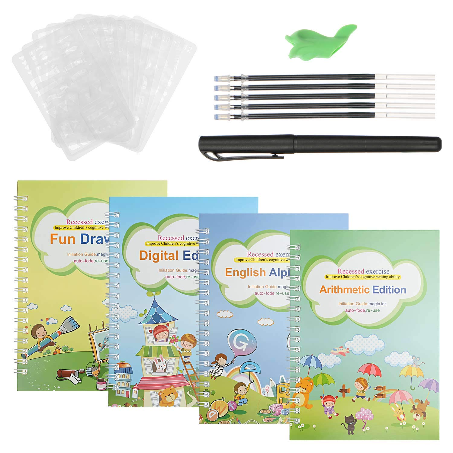 skonhed 4Pcs Magic Practice Copybook for Kids - Reusable Handwriting Workbook - Number & Letter Tracing Book, Drawing & Math Writing Book (B-4 Copybooks+1 Pen+12 Templates)