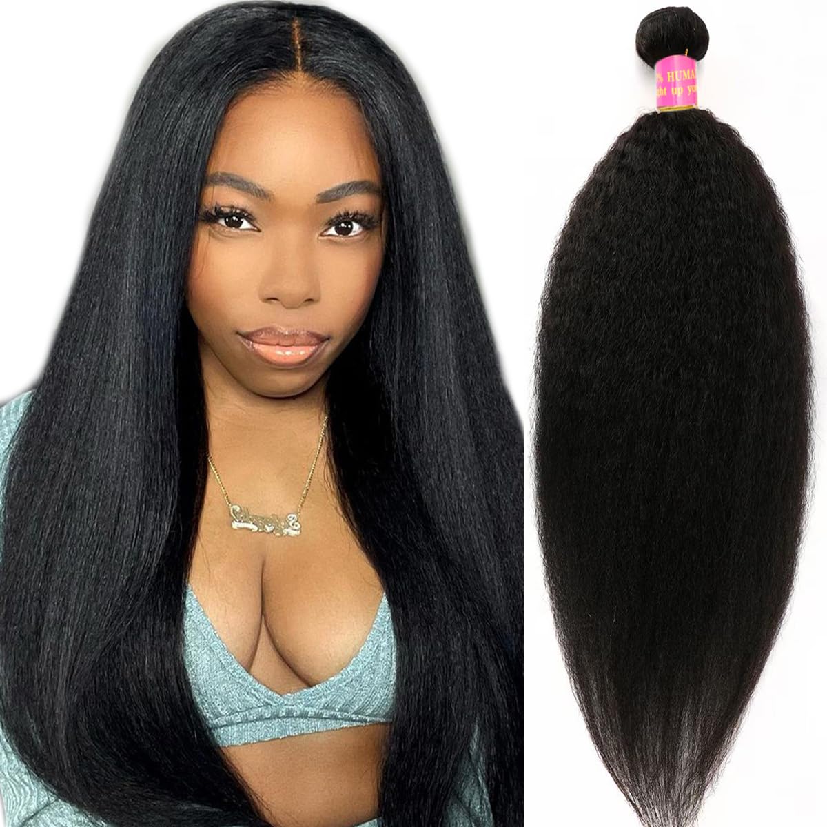 Kinky Straight Bundles Human Hair 18 Inch Yaki Straight Bundles Kinkystraight 12A 100% Unprocessed Brazilian Virgin Human Hair Bundles for Black Women Natural Black Remy Hair Extension 1 Bundle