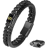 FOCOOG Leather Bracelets for Mens Gifts - Premium Genuine Leather Natural Lava Rock Matte Agate Adjustable Stainless Steel Magnetic Clasp Initial Bracelet, Unique Gifts for Men Husband Dad Son