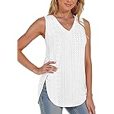 AURUZA Tank Top for Women, V Neck Eyelet Embroidery Casual Sleeveless Shirts, Loose Fit Summer Tops Beach Vacation Clothes