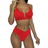 HYTENSUN Women's V Cut High Waisted Bikini Ribbed V-Wired Cami Two Pieces Swimsuit