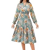 Fall Floral Midi Dress for Women 2025 V Neck Long Sleeve Chiffon Ruffle Casual Wedding Guest Flowy Long Dress, Small