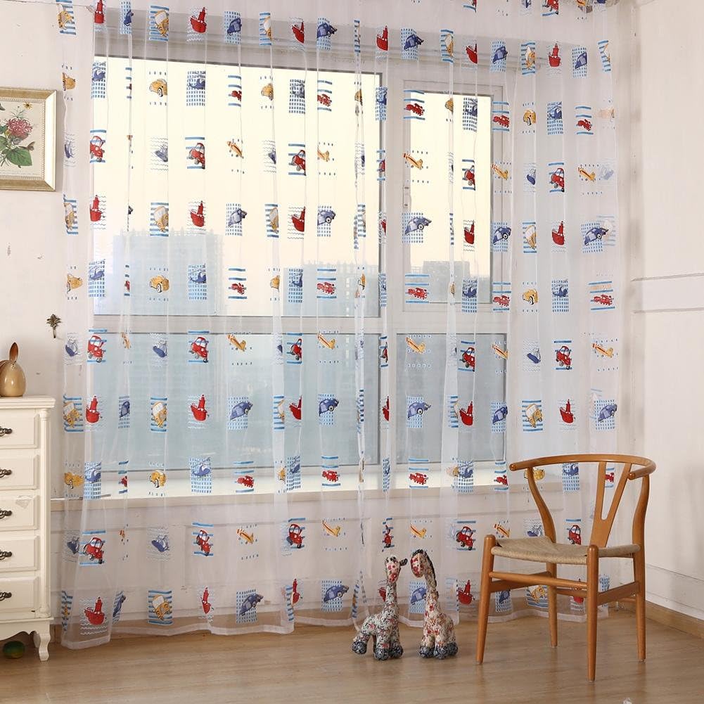 Everpert Voile Window Curtains Toddler Kids Car Pattern Sheer Curtain Panels For Living Room