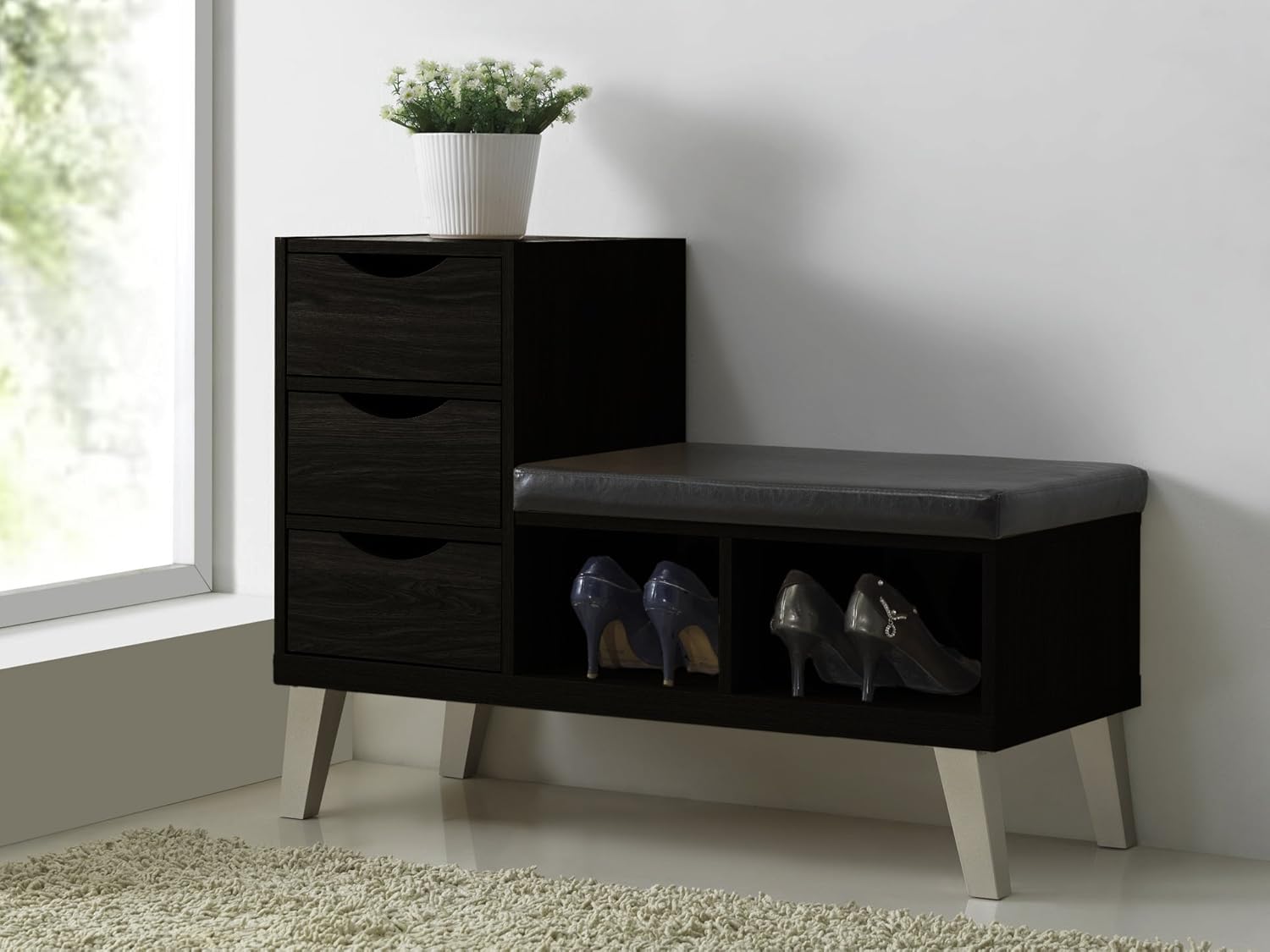 Baxton Studio Arielle Modern Contemporary Wood 3 Drawer Shoe Storage Padded Leatherette Seating Bench with Two Open Shelves, Dark Brown: Kitchen & Dining