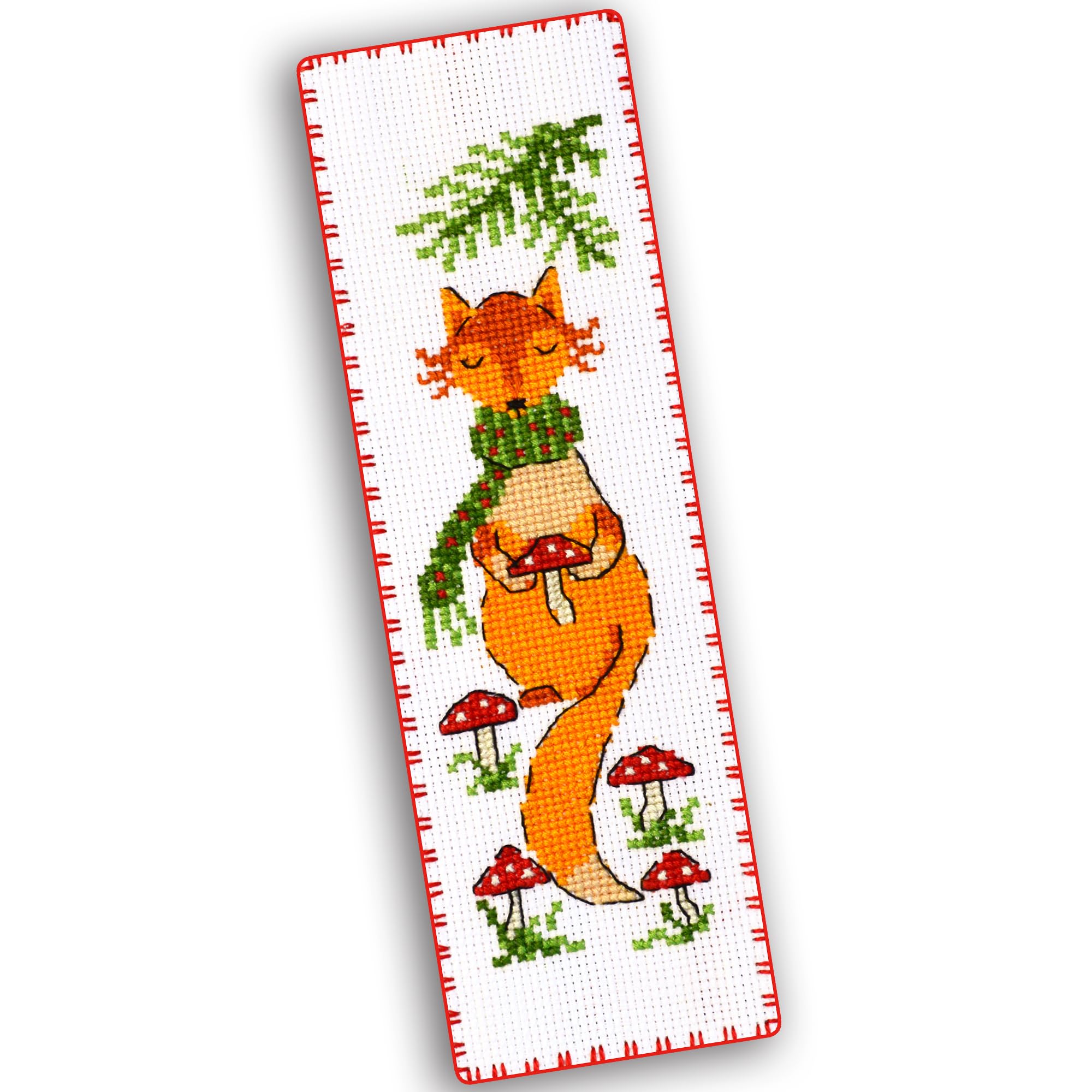 Mushroom Fox - Counted Cross Stitch Bookmark Kit - DIY Embroidery Set with Pattern of Red Fox and Mushrooms - Handmade Gift for Adults with Paper pattern, 16-count Aida Canvas and Presorted Floss