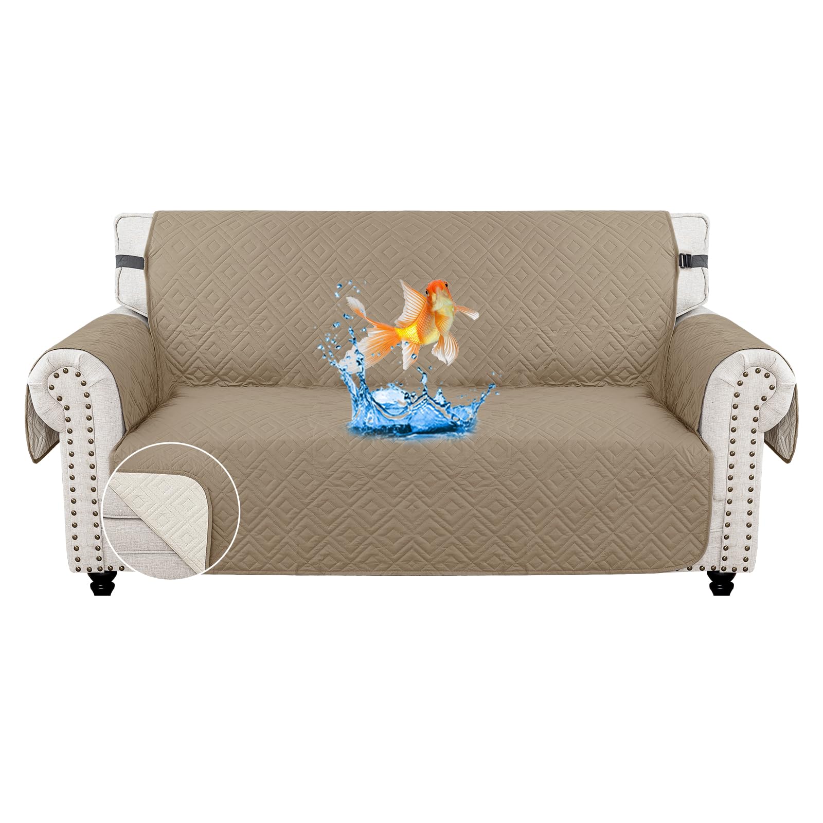 MAXIJIN Sofa Covers Waterproof Sofa Slipcovers Non-Slip 2 Seater Sofa Protectors with Elastic Straps Reversible Universal Couch Covers for Dogs, Pets, kids (Khaki, 2 Seater)