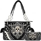 Western Trendy Rhinestone Gothic Skull Purse and Wallet Set for Women | Studded Details, Side Pockets & Organized Storage