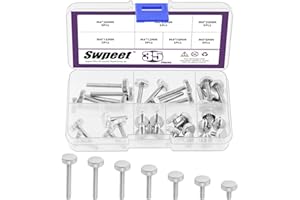 Swpeet 35Pcs 7 Sizes M48/10/12/16/20/25/30mm Nickel Plated Flat Knurled Head Fully Threaded Thumb Screws Assortment Kit, Hand Tighten Computer Screws Bolts