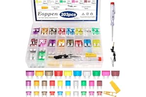 Eoppen 203Pcs Car Fuses Assortment Kit with Fuse Puller and Circuit Tester - Standard & Mini & Low Profile Mini Fuse Kit (3A 5A 7.5A 10A 15A 20A 25A 30A 35A 40A)
