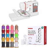 Poolin EOC03 Embroidery Machine Bundle with 144pcs A Style Prewound Bobbins &amp; 20-Color 800M Thread Set &ndash; Starter Kit for Beginners, 4x4 &amp; 4x9.25 Area, WiFi Transfer, Easy Home Embroidery Setup