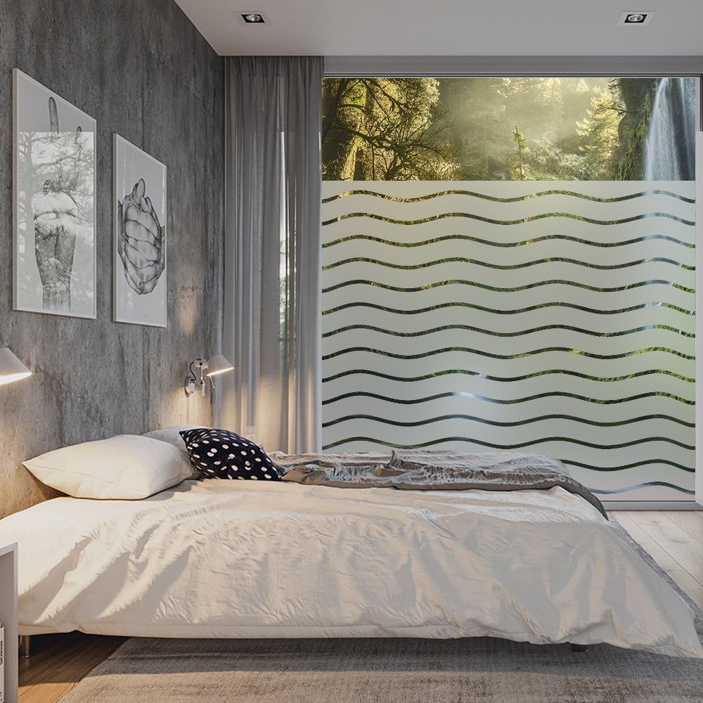 LEMON CLOUD Window Film Privacy Frosted Self Adhesive Window Sticker No Glue Static Cling Opaque Glass Film UV Protection Wave Patten 90x200cm - Image 5