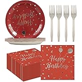 75PCS Happy Birthday Paper Plates and Napkins Set-Disposable Red Sliver 7IN Party Dessert Plates 6.5IN Napkins Sliver Forks Tableware Set for Valentine's DayWedding Birthday Party Decoration Serve 25