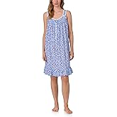 Lanz of Salzburg Women's 100% Cotton Cap Sleeve Long Nightgown, Jersey Knit, Ruffle Hem, Pintuck Neckline, Button-Front