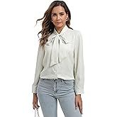 Womens Cream Satin Bow Tie Neck Button Down Shirt Long Sleeve Top Dressy Business Casual Blouse