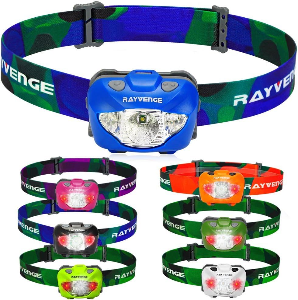 RAYVENGE T3A LED Headlamp with Red Light - Lightweight headlamp Flashlight for Running, Hiking, Camping - Best Headlamps with 3 AAA Batteries, 168-Lumen, Waterproof, Long Battery Life (Blue)