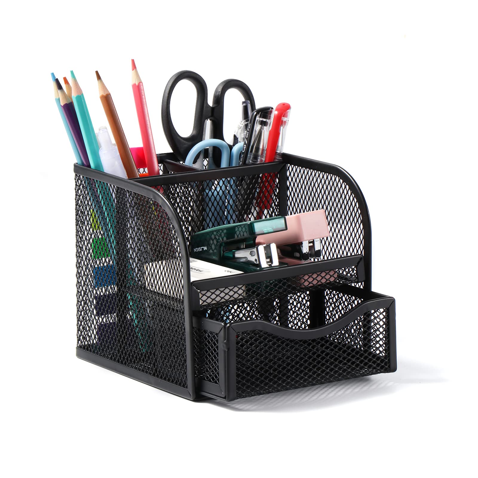 Vinabo Desk Organiser, Metal Mesh Pen Holder, Stationary Organiser with 4 Sorting Compartments, Compact Pencil Pot with Sliding Drawer for Stationery, Home, School, Desk Accessories