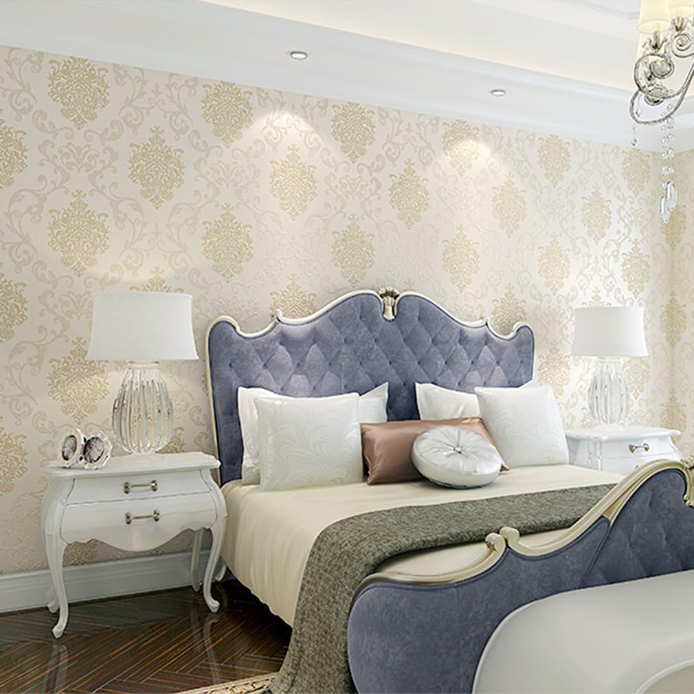 Trendy source 3d Damask Wallpaper for walls Background Embossed wallpaper, Anti-Bacterial Textured Non-Woven Wallpaper for wall murals for Livingroom, Bedroom Beige white 21.6" x 393.7"