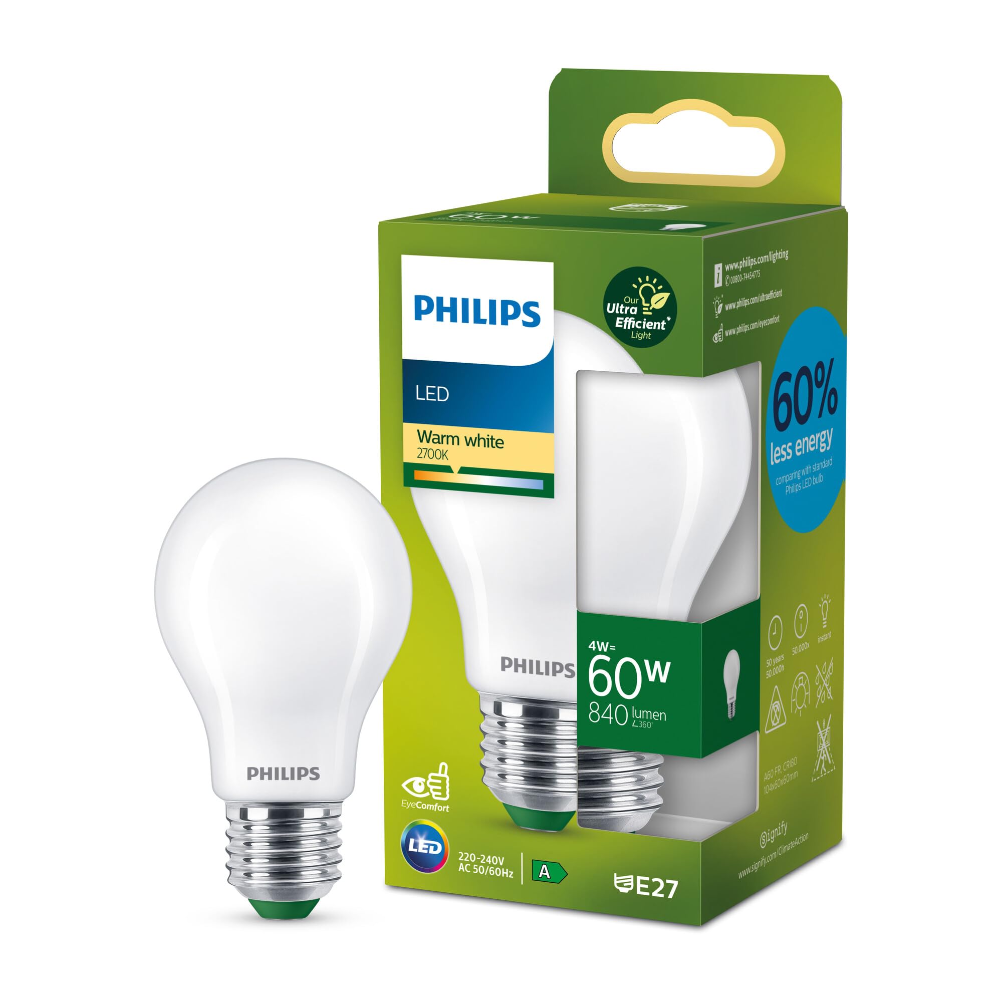 PHILIPS Ultra Efficient - Ultra Energy Saving Lights, LED Light Source, 60W, A60, E27, Warm White 2700 Kelvin, Frosted