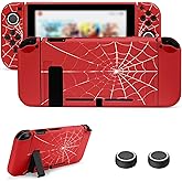 JINGDU Protective Case Compatible with Nintendo Switch 2017, TPU Case Accessory for Switch Console and Grip Joy-Con, Switch Protector with 4 Thumb Grips, Red Spider Web