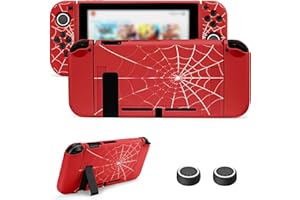 JINGDU Protective Case Compatible with Nintendo Switch 2017, TPU Case Accessory for Switch Console and Grip Joy-Con, Switch Protector with 4 Thumb Grips, Red Spider Web