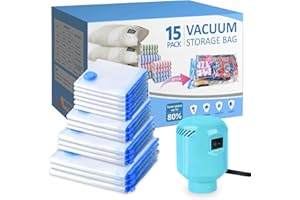 BAMCOO 15 Pack Vacuum Storage Bags with Electric Air Pump, (3 Jumbo/ 3 Large/ 3 Medium/ 3 Small/ 3 Roll) Space Saver Storage Vacuum Sealed Bags for Clothing, Bedding, Comforters, Blankets, Travel