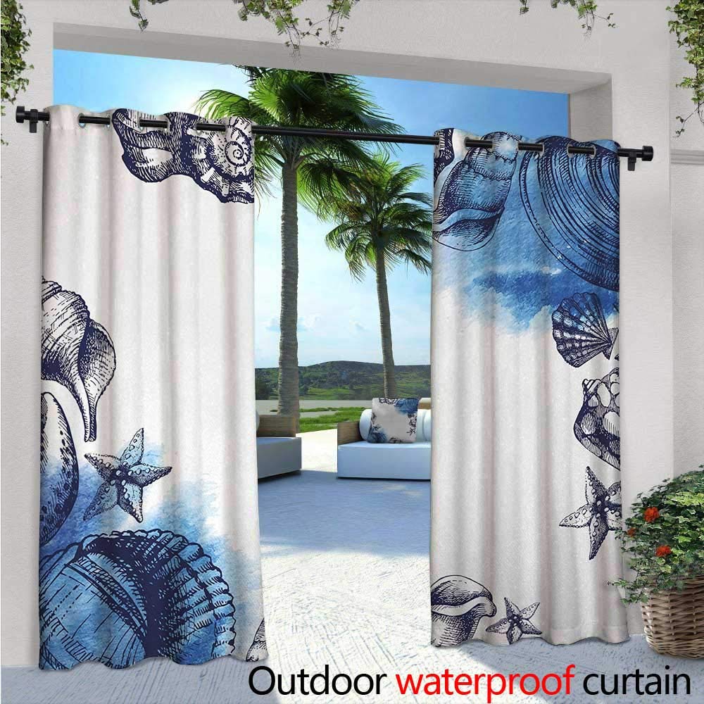 Ocean Patio Curtains Sealife Theme with Sea Animals Shells Stars and Striped Backdrop Art Outdoor Curtain for Patio,Outdoor Patio Curtains W108 x L84 Golden Navy Blue and White