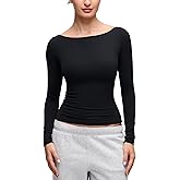 CRZ YOGA Softembrace Boat Neck Long Sleeve Shirts for Women - Casual Going Out Tops Soft Stretchy Fitted Fall T-Shirts