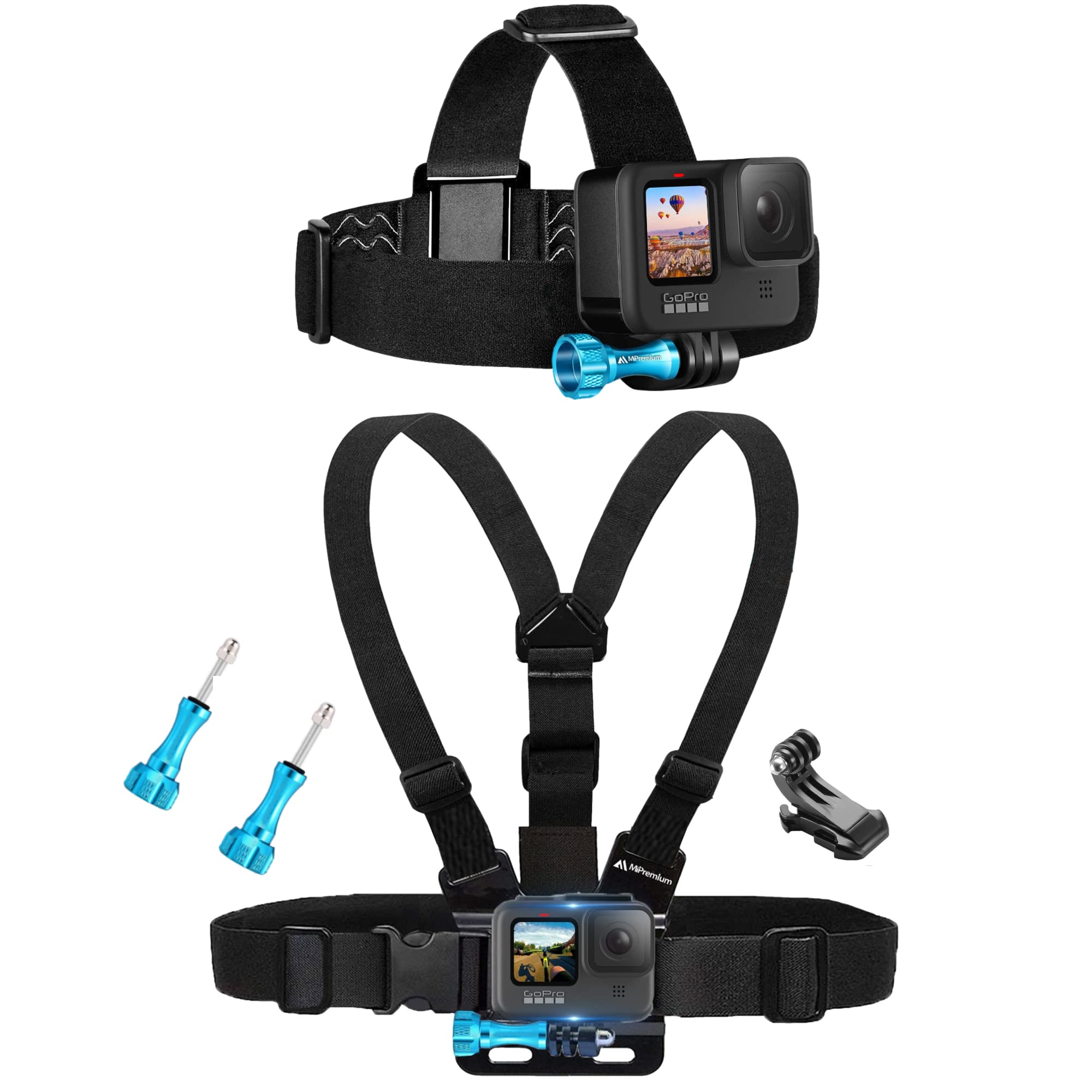MiPremium Chest Harness Chesty Mount & Head Strap for GoPro Hero 13 12 11 10 9 8 Max Go Pro Hero 7 6 5 3 4 Session Black Silver Fusion DJI Osmo AKASO Accessories Kit for Action Cameras