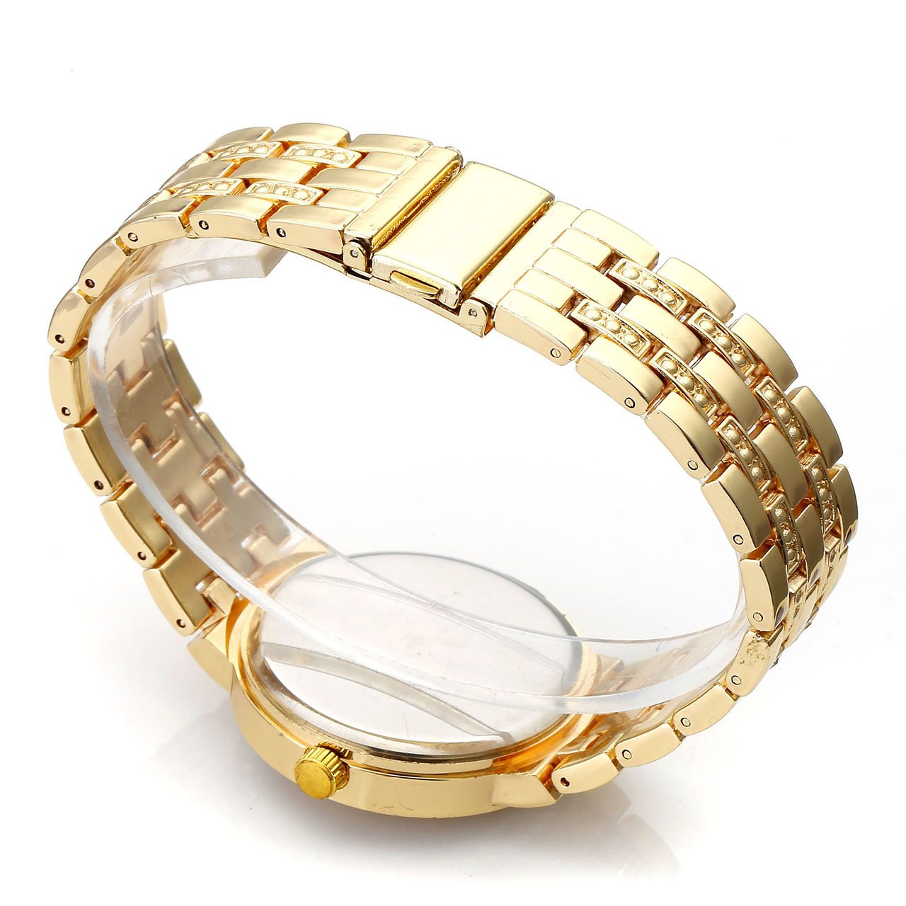 JSDDE Luxus Strass Femmes Montre-bracelet Acier Inoxydable Ajustable Faux Chronographe Quartz Analog Montre (Doré)