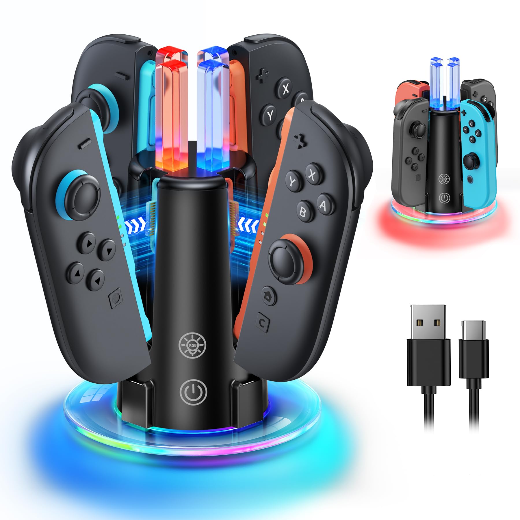 [Both for Switch 2 and 1] Charger Dock for Joycon Switch 2 and 1, FYOUNG Fast Controller Charging Station for Nintendo 2 2025, 8 in 1 Dual-Direction Magnetic Stand for JoyCon Accessories
