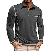 Mens Fashion Polo Shirts Classic Long Sleeve Basic Button Tees Stylish Tops Golf Shirts with Pocket