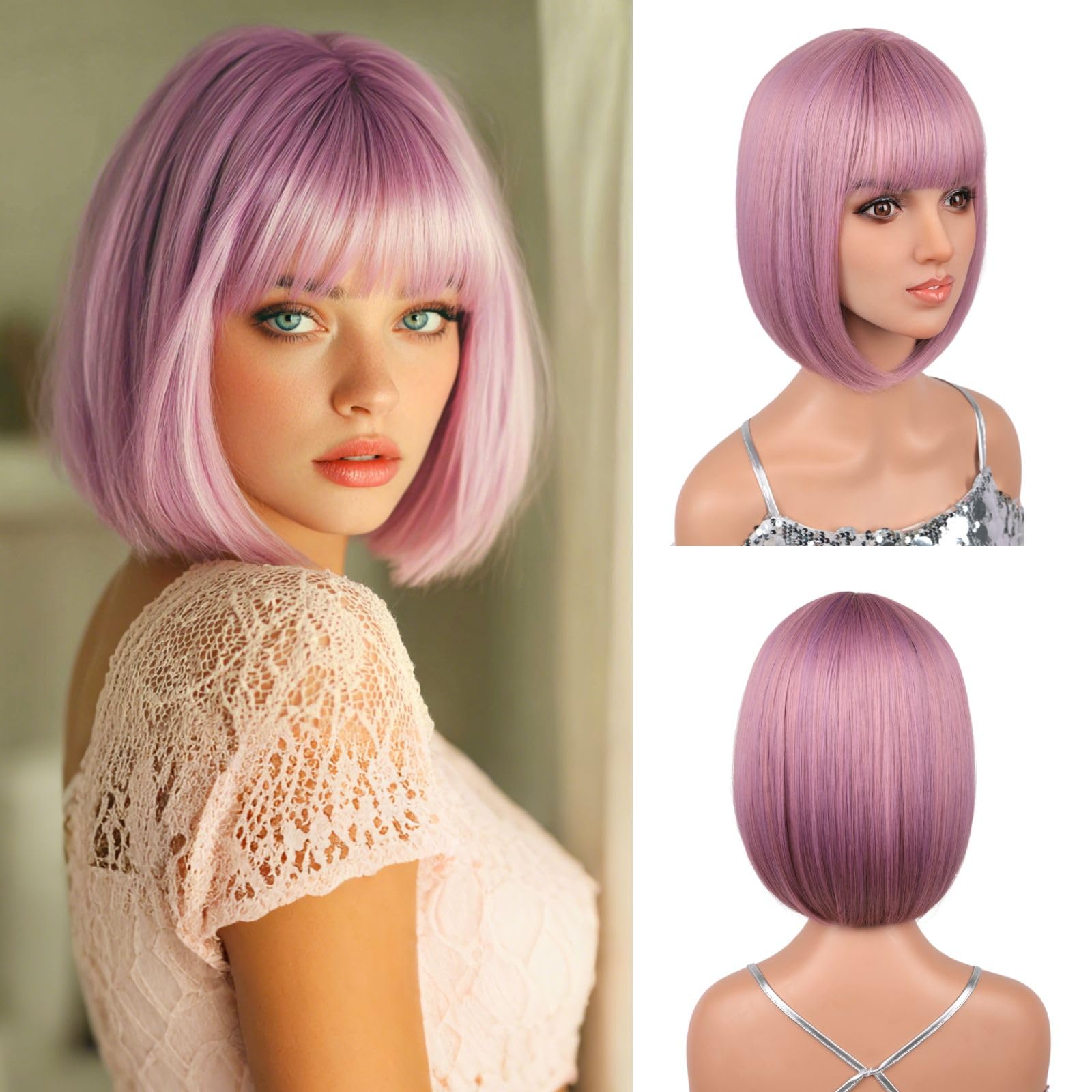 Photo 1 of 12 Inch Short Bob Pink Mixed Purple Wig with Bangs, Colorful Wig for Halloween Daily Cosplay & Party Use, Heat Resistant Straight Synthetic Cosplay Party Wigs for Women, Purple Pink