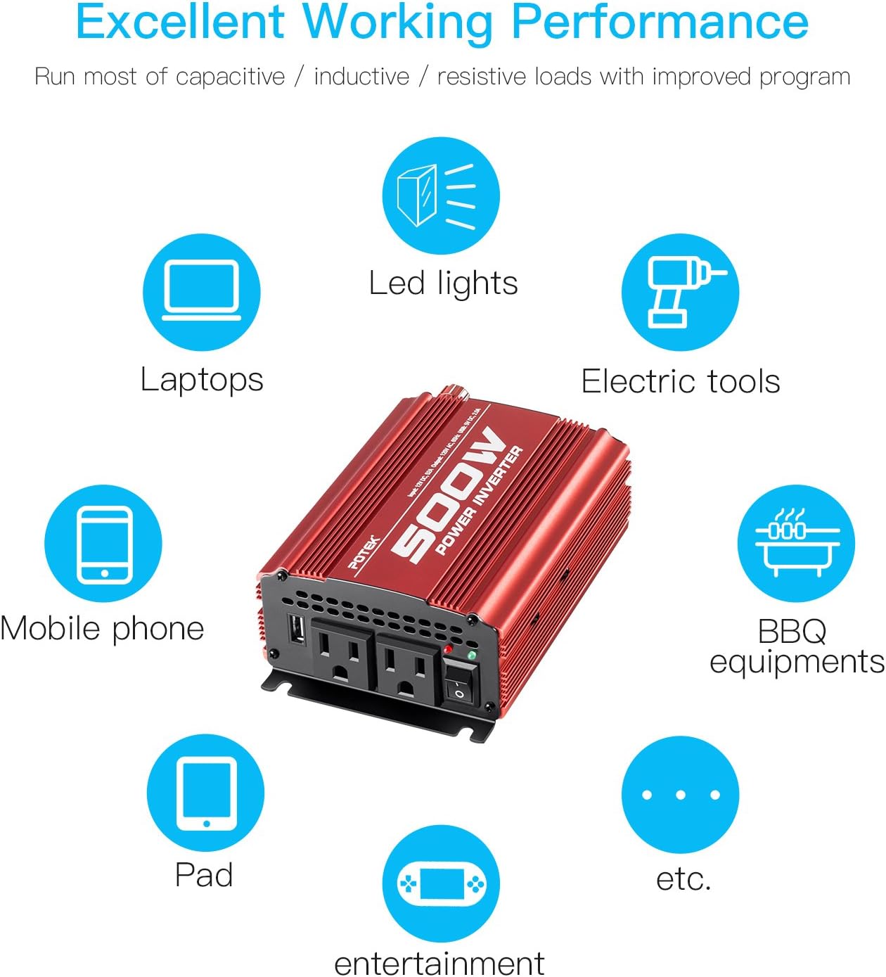 POTEK 500W Car Power Inverter DC 12V to AC 110V with 2AC outlets and 2A USB Port: Car Electronics