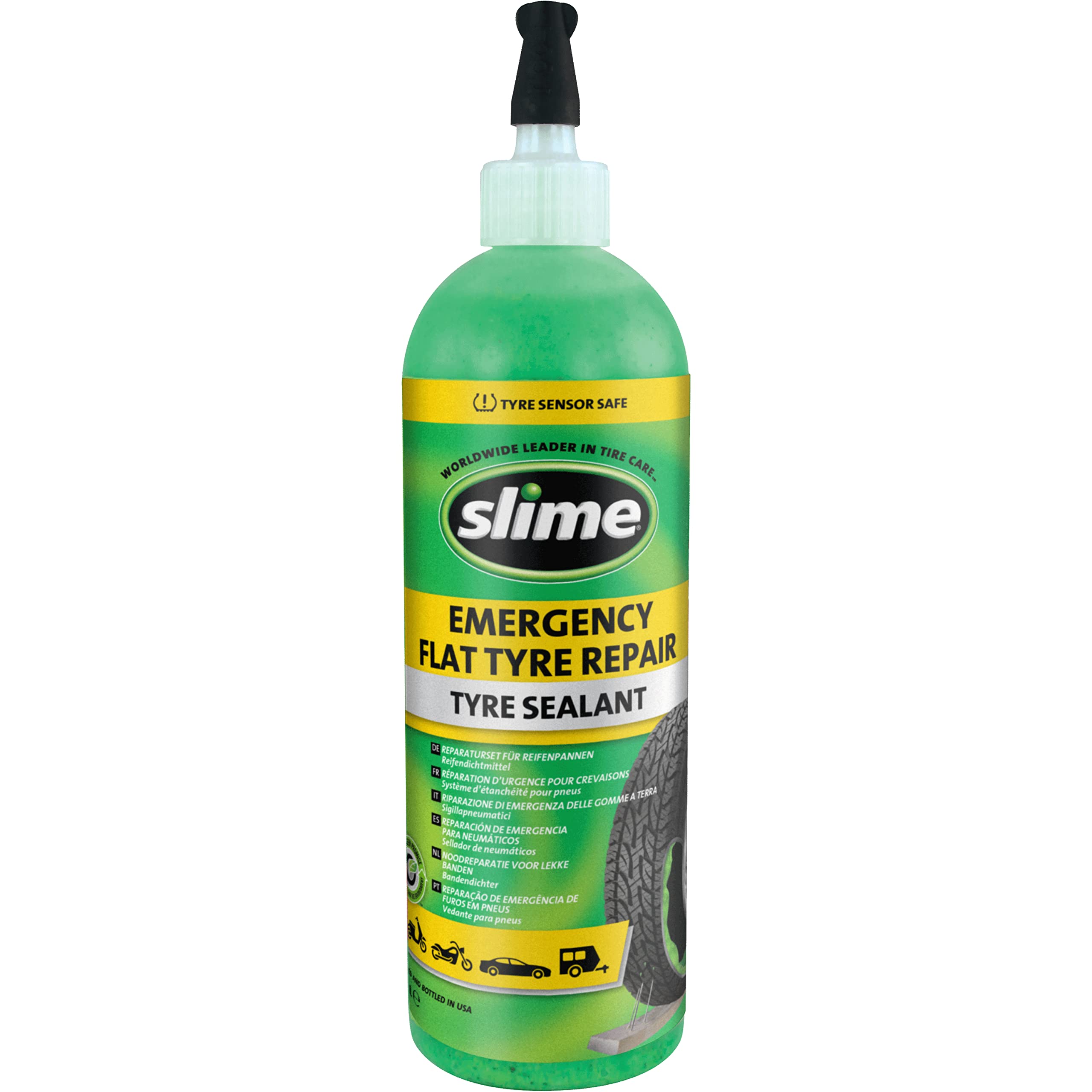 Slime SDS-500/06-IN Flat Tyre Puncture Repair Sealant, Emergency Repair, Suitable for cars, Scooters and other Highway Vehicles, Non-toxic, eco-friendly, 473 mL (16oz) bottle